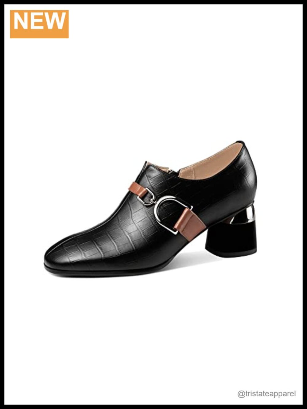 Genuine Leather Chunky Heel Pumps Round Toe Side Zip Women's Shoes